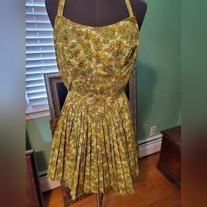 Unique Vintage 1950s Yellow Floral Halter Pleated Dress With Shorts Underneath